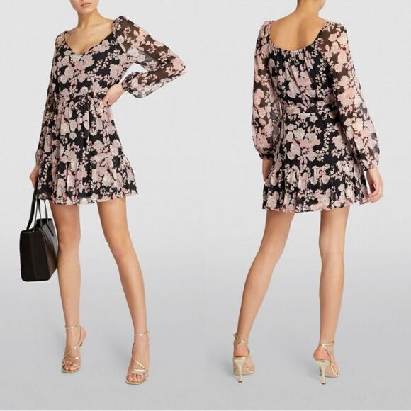 Paige Simi Mini Black Dress Floral Blouse Wrap Size L - Picture 1 of 13